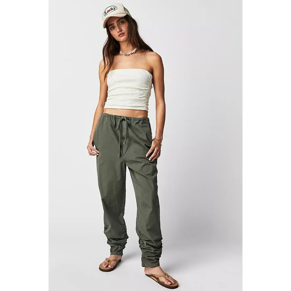 Free People Women M New Light Parachute Pants Cropped Olive Baggy Fit ALTERED
